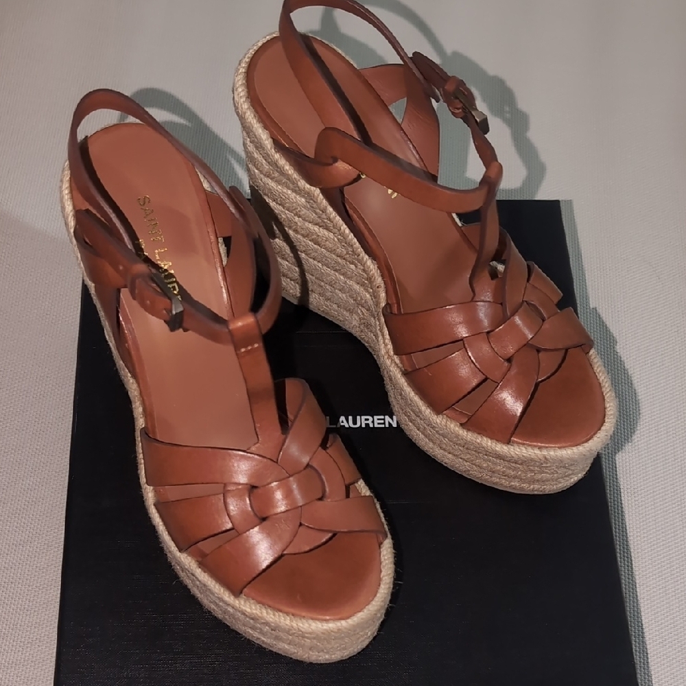 Saint Laurent Tribute Espadrille Wedge Sandals -  Leather YSL